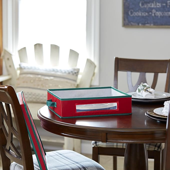 Household Essentials Holiday Charger Plate Storage Box Holds 12 Charger Plates with Felt Protectors Red Canvas with Green Trim