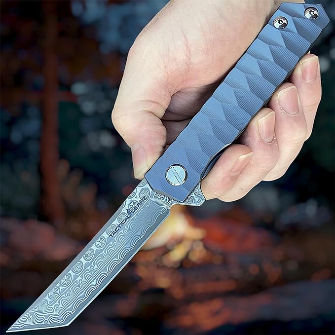 TACTICAL GEARZ Damascus Steel EDC Pocket Folding Knife Solid Tc4 Titanium Handle Includes Sheath (XT Midnight)