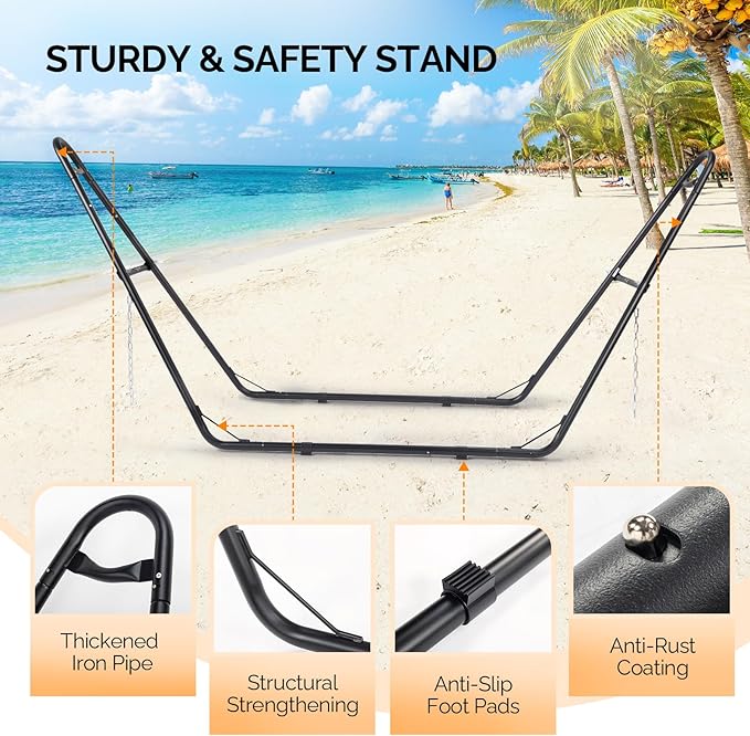 ONCLOUD Sandblasted Iron Hammock Stand only Heavy Duty Adjustable Hammock Frame Fits Various Hammocks Portable Double-Barrel Hammock Support for Outdoors Patio Garden Yard 550 LBS Black