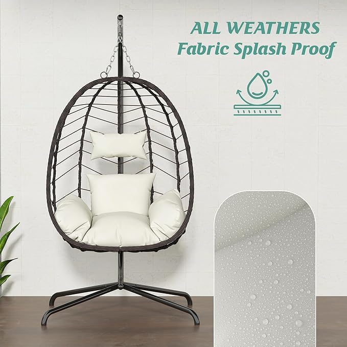 LEX CRAFT Hanging Egg Chair with Stand Swinging Egg Chair Outdoor Indoor Hanging Basket Chair with Cushion Patio Wicker Hammock Chair 350lbs Capacity for Porch Balcony Backyard Garden (Beige)