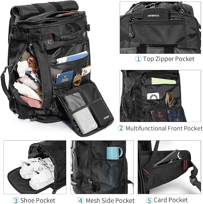 YOUMIAN Large Capacity For Travel Hiking Sports Carry On Backpack Durable Convertible Duffle Bag Laptop airplane (Black 60L-Large DualMainOpening)