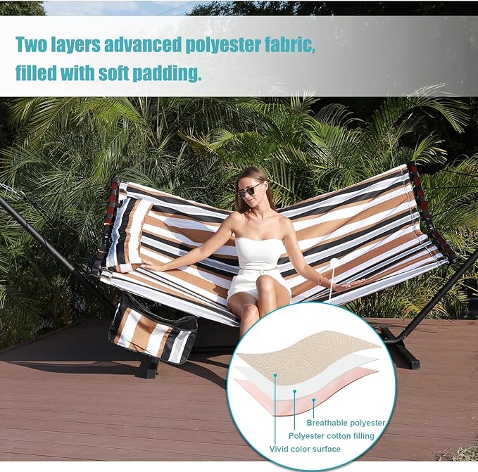 TegerDeger 12FT 2 Person Hammock Large Hammock 450LB Capacity with V Shaped Hardwood Spreader Bar &amp Nylon Rope for Outside Patio Garden Backyard Beach Poolside - Coffee Stripes