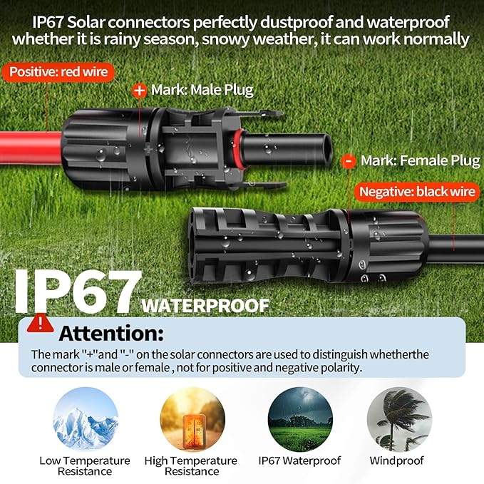 2x30 FT Solar Panel Extension Cable 10AWG Solar Cable Solar Panel Wire with Female &amp Male Waterproof Connectors for RV Photovoltaic Systems