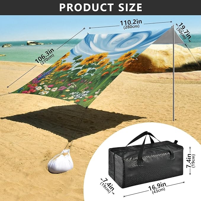 Beach Canopy with Windproof Ropes &amp Sandbags Beach Tent Sun Shade Sun Shelter for Camping Trips Fishing Backyard Fun or Picnics Sunflowers