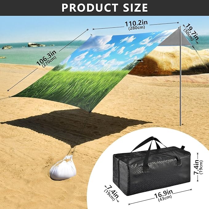 Spring Meadow Scene Beach Tent Sun Shelter Set UPF50+ UV Protection 10.5 x 9.19 FT Camping Shade Canopy with Sandbags Sand Anchors Carrying Bag and Others