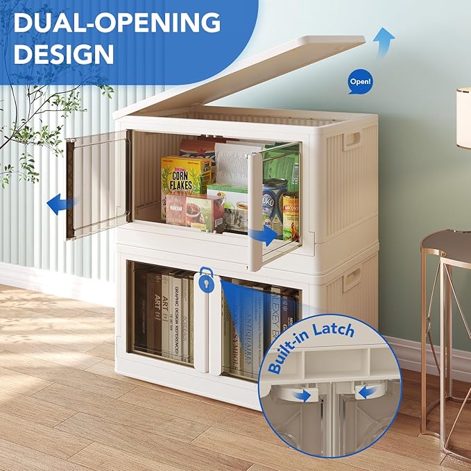 FLEXIMOUNTS 152 QT Stackable Storage Bins With Lids Collapsible Plastic Storage Bins Closet Organizers and Containers with Doors and Built-in Wheels For Home 2 Pack Cubes Milky White