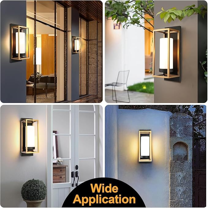 ALVIME Modern Outdoor Wall Lights 2 Pack Brushed Gold &amp Matte Black Exterior Sconce Waterproof Porch Light for House Garage Front Door Living Room Bathroom E26 Base Etched Opal Glass