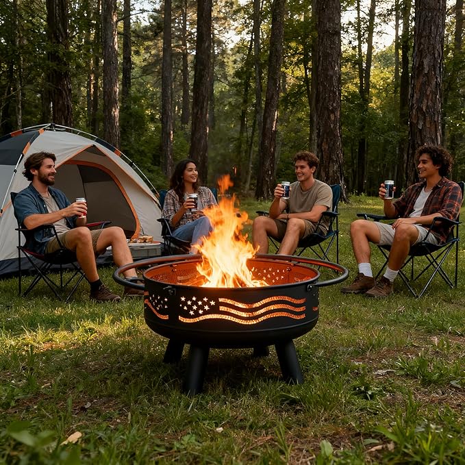 Breezz 32 Inch American Flag Fire Pit with Mesh Cover &amp Poker Round Metal Wood Burning Outdoor Firepit for Patio Garden Backyard Bonfire Ideal for 4th of July Memorial Day Christmas