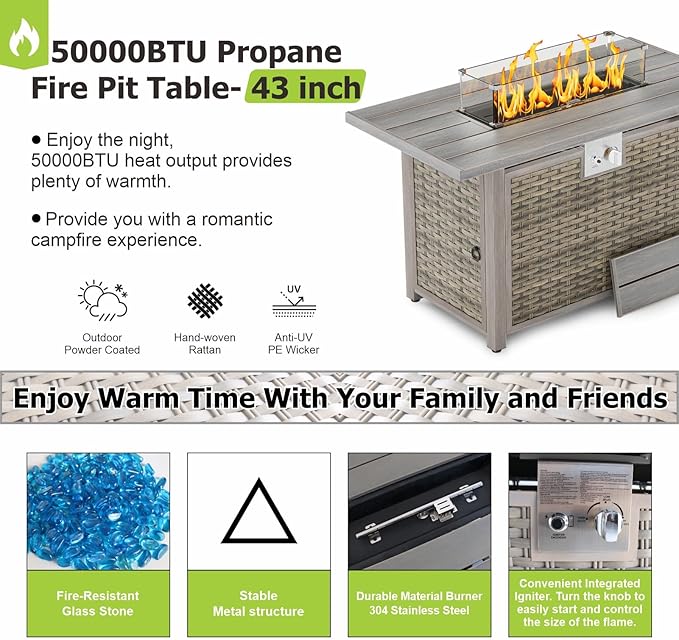 30 Round Propane Fire Pit Table - 50K BTU with Lid Rocks Tank Storage and Cover - Round Gas Fire Pits for Outside Patio - Outdoor Table with Firepit (Brown 43 Rectangular)