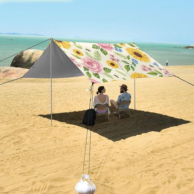 xigua Rose and Sunflower Beach Tent Sun Shelter with Carrying Bag - Silver Coated Oxford Fabric Beach Canopy for Beach Camping Fishing - Includes Windproof Ropes Sandbags &amp Stakes