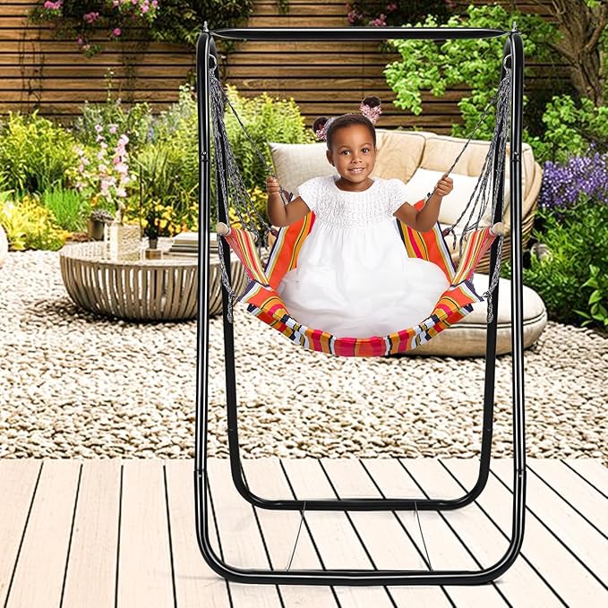 Hammock Chair Stand Indoor Balcony Swing Chair with Rack Heavy-Duty Hammock with Stand Included Kids Hammock Chair for Outdoor Patio Yard A-Shaped Cotton Rope Solid Wood Fixing Bearing 440lbs