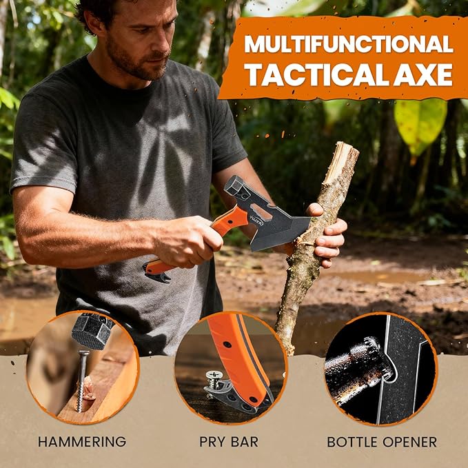 Tactical Axe with G10 Handle Camping Survival Hatchet Multifunctional Outdoor Hiking Heavy Duty Full Tang Tomahawk Tools with Hammer Unique Design Crowbar Leather Sheath (Orange)