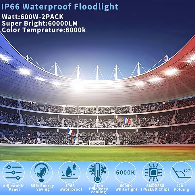 Stadium Lights Outdoor Led Flood Lights (600W*2 60000LM 6000K IP66 Super Bright Floodlight with Wider Lighting Angle for GarageGardenLawnYardParking Lot