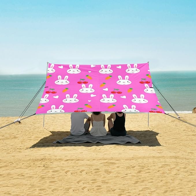 Beach Canopy with Windproof Ropes &amp Sandbags Beach Tent Sun Shade Sun Shelter for Camping Trips Fishing Backyard Fun or Picnics Bunny