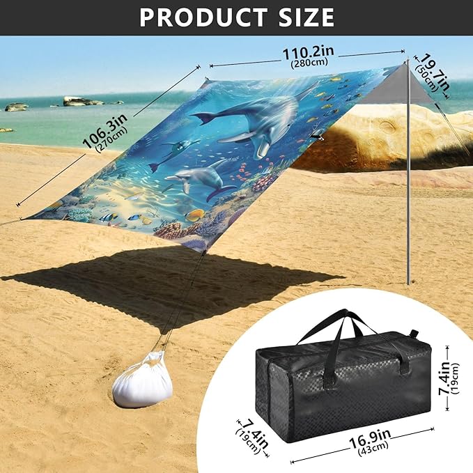 ALAZA Underwater World Dolpins Sand Ocean Beach Tent Sun Shelter Portable Canopy Sunshade for Outdoor Camping Picnics Backyard Fun 10x9 ft