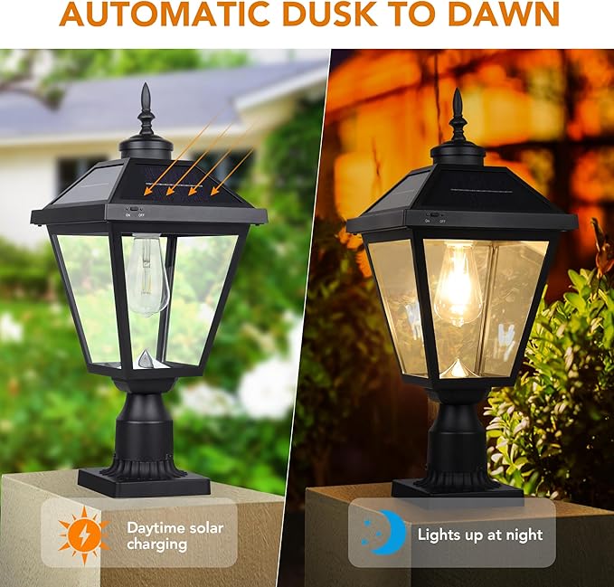 Kemeco Solar Post Light ST4334Q Vintage Dusk to Dawn Outdoor Bright LED Solar Powered Lamp for Pole Pillar Yard Gates Pathway (Lamp with Base)