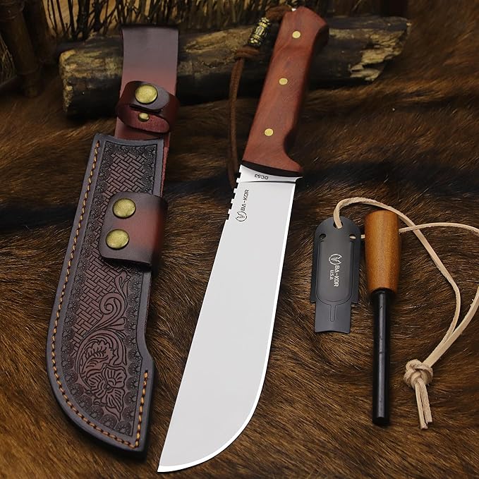 BA-KOR USA 8mmDC53 steel 35CM (14 ) full Tang fixed knife with leather sheath and (5.9 ) ceria ignition head suitable for outdoor hunting camping clearing adventure fishing EDC BBQ (BA-K0a(8m