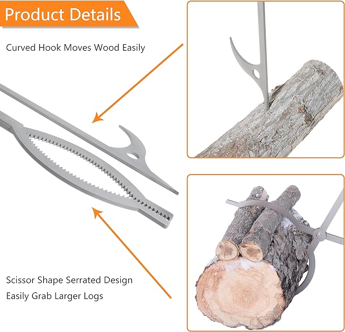 40 Fire Tongs Firewood Grabbers and Fire Poker Set Stainless Steel Large Log Grabbers for Outdoor Fireset Fire Pit Bonfire Campfire Backyard Deck Indoor Fireplace Tools Set