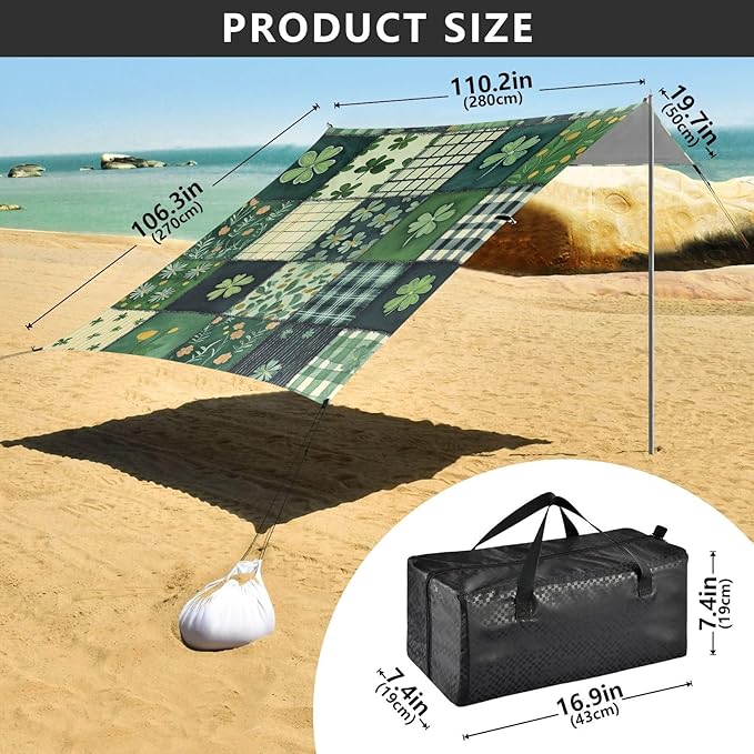 St Patrick's Green Plaid Beach Tent Sun Shelter Set UPF50+ UV Protection 10.5 x 9.19 FT Camping Shade Canopy with Sandbags Sand Anchors Carrying Bag and Others
