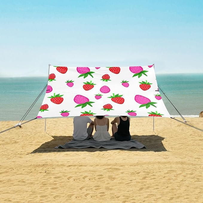 xigua Strawberry Beach Tent Sun Shelter with Carrying Bag - Silver Coated Oxford Fabric Beach Canopy for Beach Camping Fishing - Includes Windproof Ropes Sandbags &amp Stakes