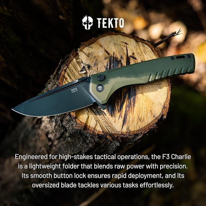 TEKTO F3 Charlie Button Lock Folding Knife Oversized Fine Edge Blade - Easy Open Pocket Knife with Titanium Coated D2 Steel &amp Black Titanium Barrel Spacers