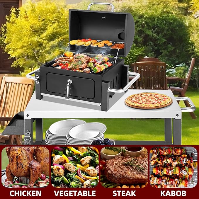 Portable Charcoal Grill Tabletop Outdoor Barbecue Smoker Small BBQ Grill for Outdoor Cooking Backyard Camping Picnics Beach by DNKMOR
