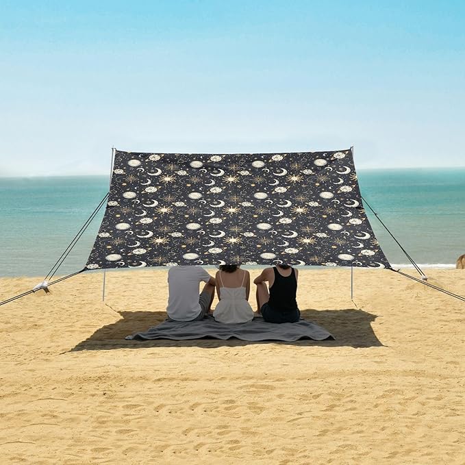 ALAZA Sun Moon Stars Beach Tent Sun Shelter UPF50+ Protection Beach Shade Canopy w/ 4 Sandbags for Outdoor Camping Fishing Backyard Fun Picnic 10x9 ft