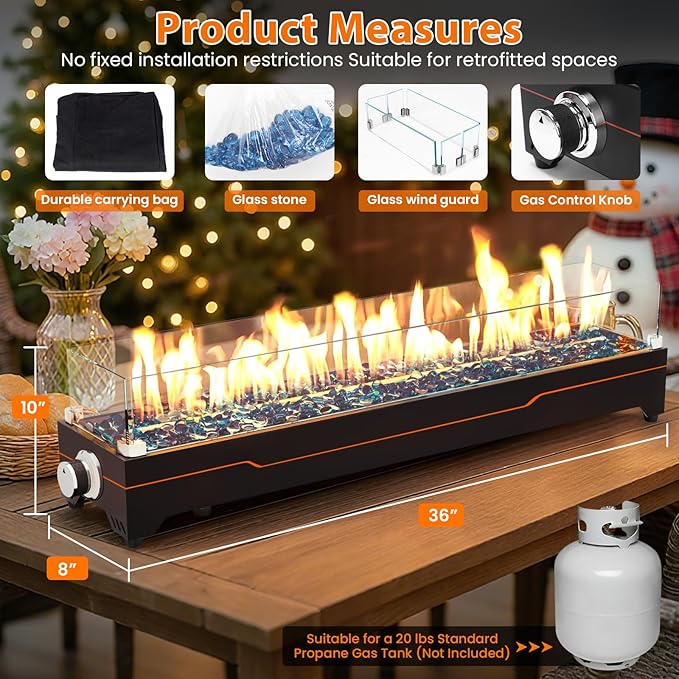 GRISUN Tabletop Fire Pit36 Inch Propane Fire Pit Table50000 BTU Table Top Firepit with Glass Wind GuardStainless Steel BurnerFire GlassPortable Propane fire Pit for Patio Camping Backyard &amp