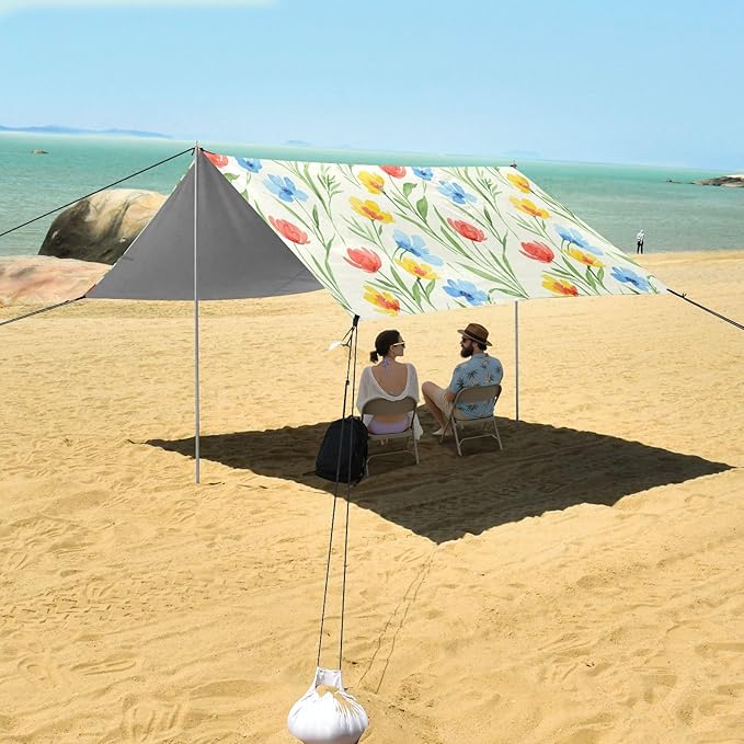 xigua Wildflowers Beach Tent Sun Shelter with Carrying Bag - Silver Coated Oxford Fabric Beach Canopy for Beach Camping Fishing - Includes Windproof Ropes Sandbags &amp Stakes