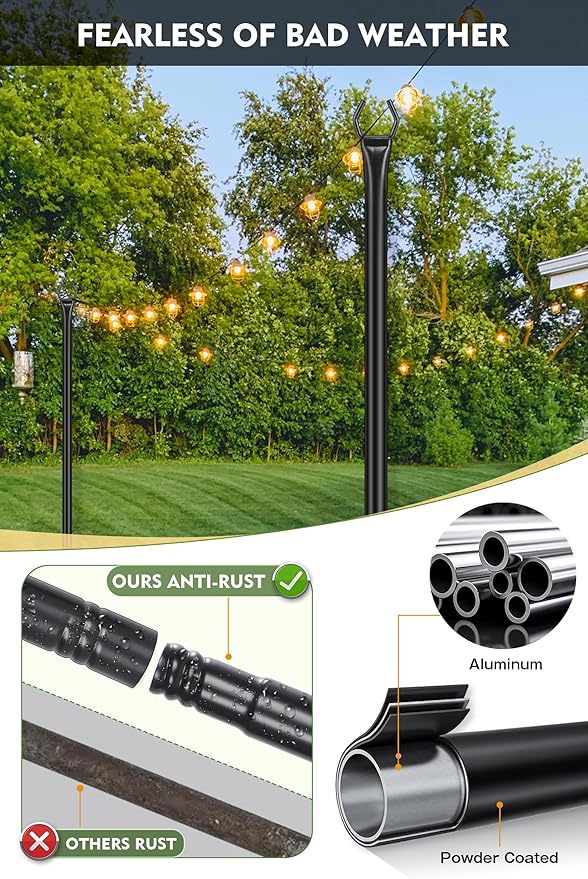 FEED GARDEN String Light Poles for Outside10FT Metal Poles for Outdoor String Lights Stand Poles for Deck Garden Patio Wedding Backyard Christmas Party 6 Pack