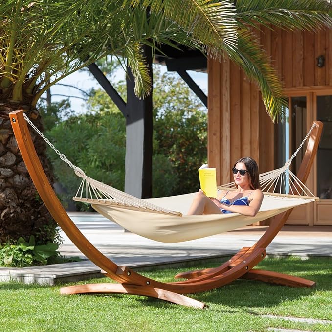 ECOTOUGE 14 FT Hammock with Stand 2 Person Heavy Duty Hammock Stand Large Hammock Bed for Porch Patio Balcony Garden Backyard White-Yellow
