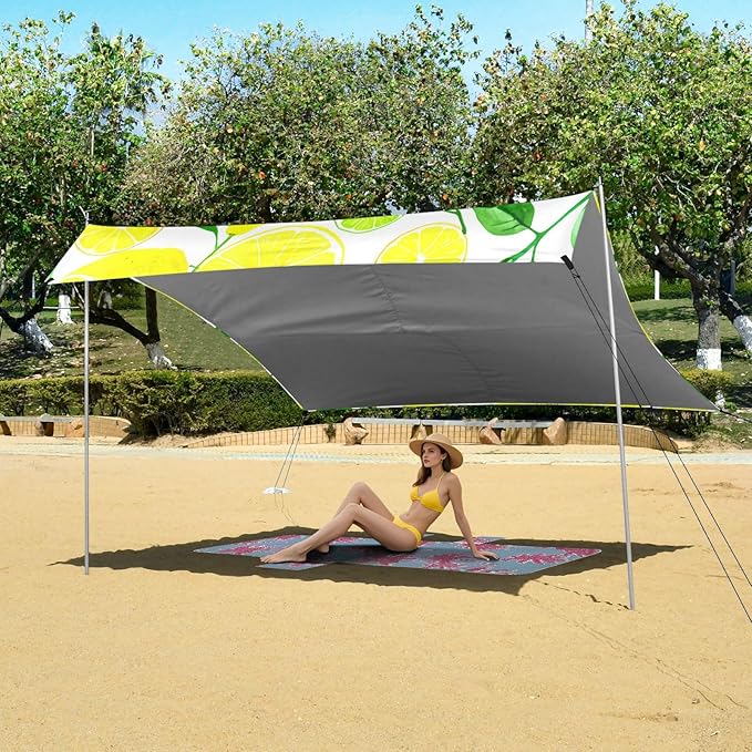 Beach Canopy with Windproof Ropes &amp Sandbags Beach Tent Sun Shade Sun Shelter for Camping Trips Fishing Backyard Fun or Picnics Lemon
