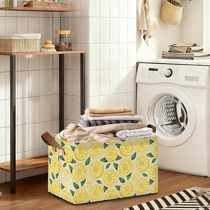 Lemon Storage Bin with Handles Basket Storage Organizer for Shelves Closet Nursery Book Laundry Hamper &amp Home Decor