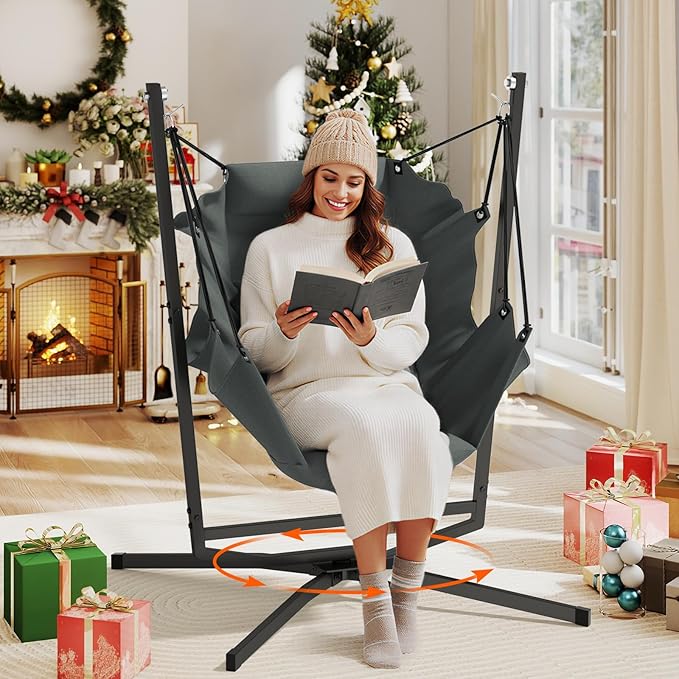 360° Swivel Hammock Swing Chair with Stand - Comfortable Hanging Chair with Cushions (400 lbs Capacity) for Indoor/Outdoor Use - Perfect for Bedroom Patio Porch Deck Garden Balcony