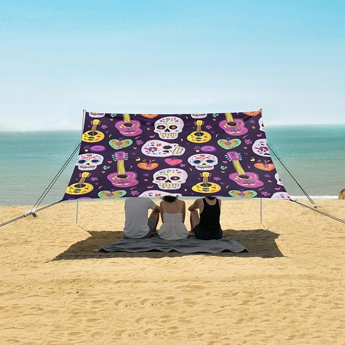 ALAZA Guitar Skull Pattern Beach Tent Sun Shelter Portable Canopy Sunshade for Outdoor Camping Picnics Backyard Fun 10x9 ft