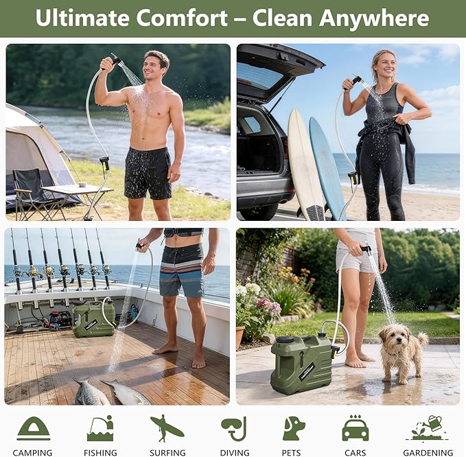 SPACEREST Portable Shower for Camping with Integrated Design – Spill-Resistant Electric Camping Shower 5-Gallon Food-Grade Water Jug for Outdoor Beach Hiking Dog Wash 2 Batteries