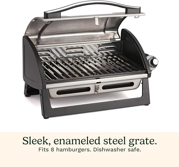 Cuisinart Grillster Portable Gas Grill Stainless Steel Compact BBQ Grill with Locking Lid for Easy Transport 8000 BTU Propane Grill with Dishwasher Safe Cooking Grate Small Grill for Camping &amp