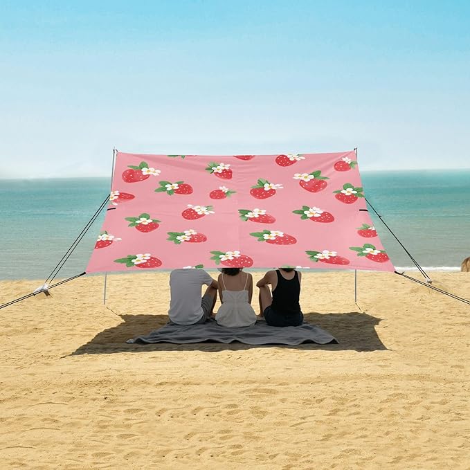 ALAZA White Strawberry Flower Pattern Beach Tent Sun Shelter Portable Canopy Sunshade for Outdoor Camping Picnics Backyard Fun 10x9 ft