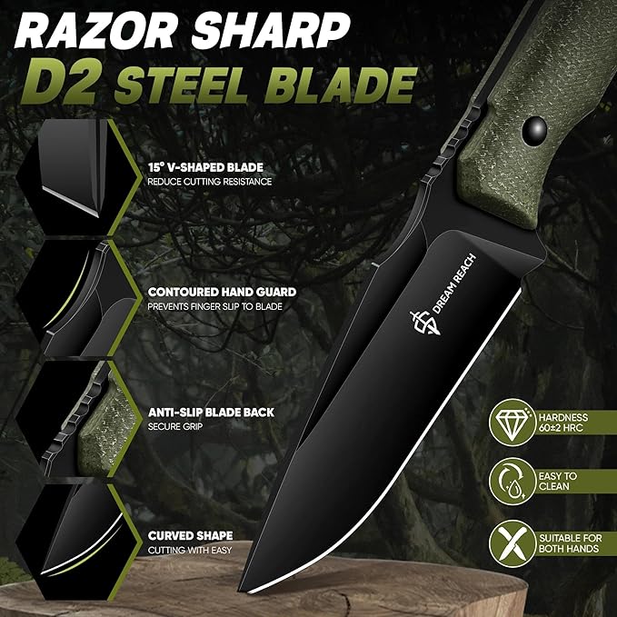 Dream Reach Fixed Blade Knife - D2 Steel Tactical Knife with Ergonomic Full Tang Handle and Kydex Sheath for Outdoor Camping Survival Gift for Men Women Green