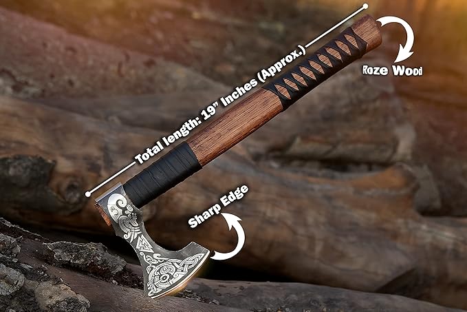Viking Axe – 19 Inch Rosewood Handle Camping with Leather Sheath Throwing Axes and Tomahawks Wood Splitting Axe Bushcraft - Gift for Father’s Day Husband (Erik) BLACK