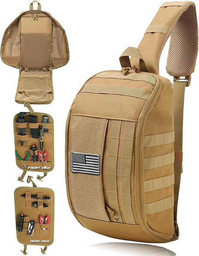 DBTAC Compact 9L Tactical Sling Bag with Removable Elastic Organizer Panel Everyday Carry Shoulder Pack for EDC Tools First Aid Travel Outdoor Sports (Brown)