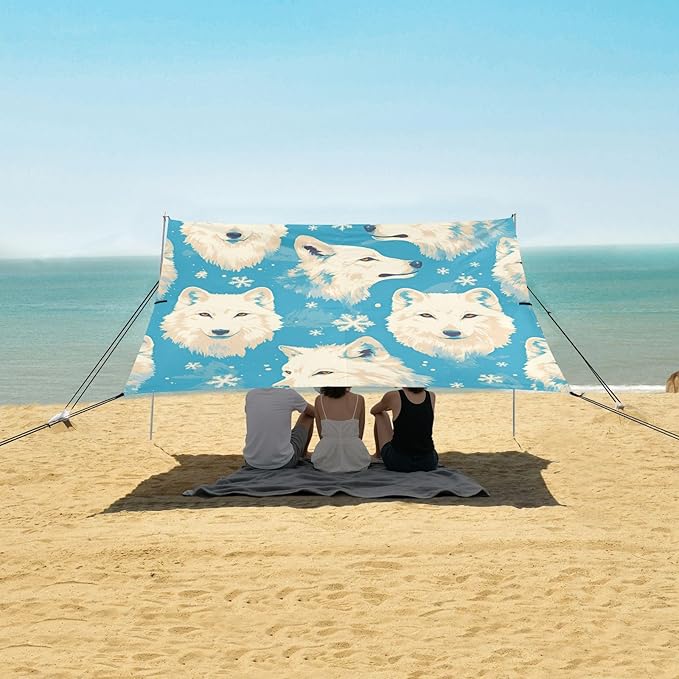 White Wolfs Blue Foldable Beach Canopy UPF50+ Protection Water-Resistant Portable Sun Shelter with Sand Shovel Sandbags for Camping Picnics Backyard &amp Fishing