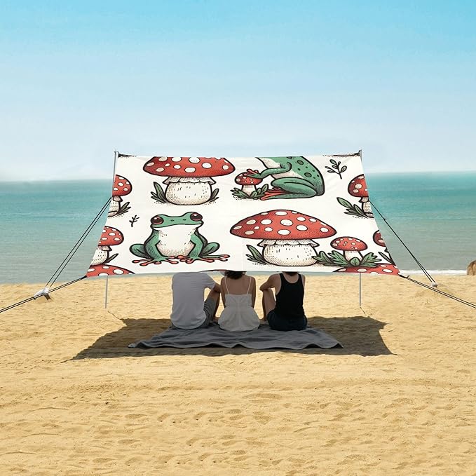 Frogs and Mushrooms Beach Tent Sun Shelter Set UPF50+ UV Protection 10.5 x 9.19 FT Camping Shade Canopy with Sandbags Sand Anchors Carrying Bag and Others