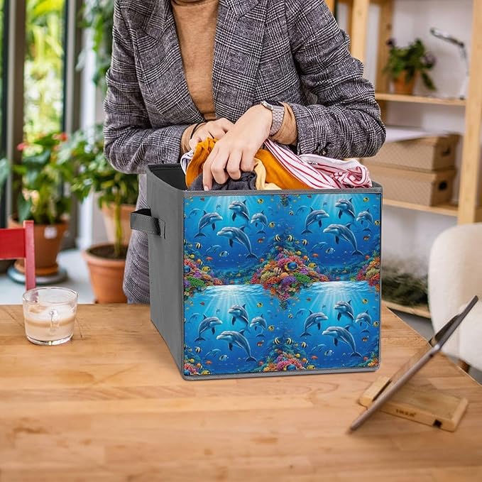 Foldable Storage Box with Handles Dolphin Underwater World Durable Collapsible Cube Bin for Organizing Toys Books Clothes Versatile Home &amp Office Solution