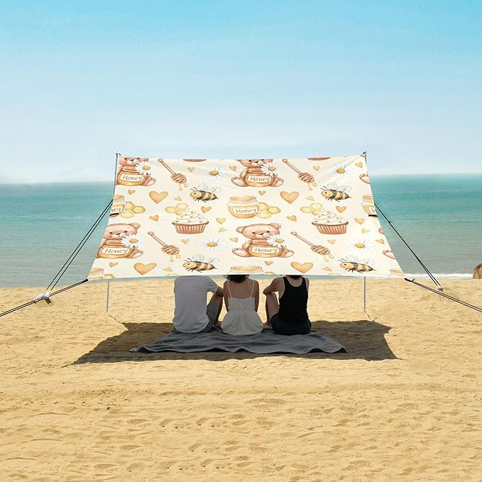 Honey Bear Beach Canopy Sun Shelter with Sandbags &amp Sand Shovel &amp Windproof Ropes - Portable 110x126 Beach Shade Beach Tent for Camping Picnics