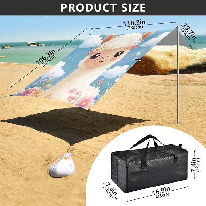 ALAZA Carttoon Alpaca with Flowers and Clouds Beach Tent Sun Shelter Portable Canopy Sunshade for Outdoor Camping Picnics Backyard Fun 10x9 ft