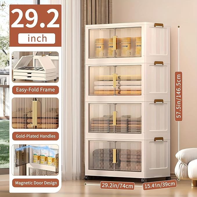 Storage Bins with Lids 4 Tier 340 QT Stackable Plastic Storage Bins Foldable Storages Boxes with Magnetic Doors and Wheels for Clothes Snacks Books Folding Containers for Home Office