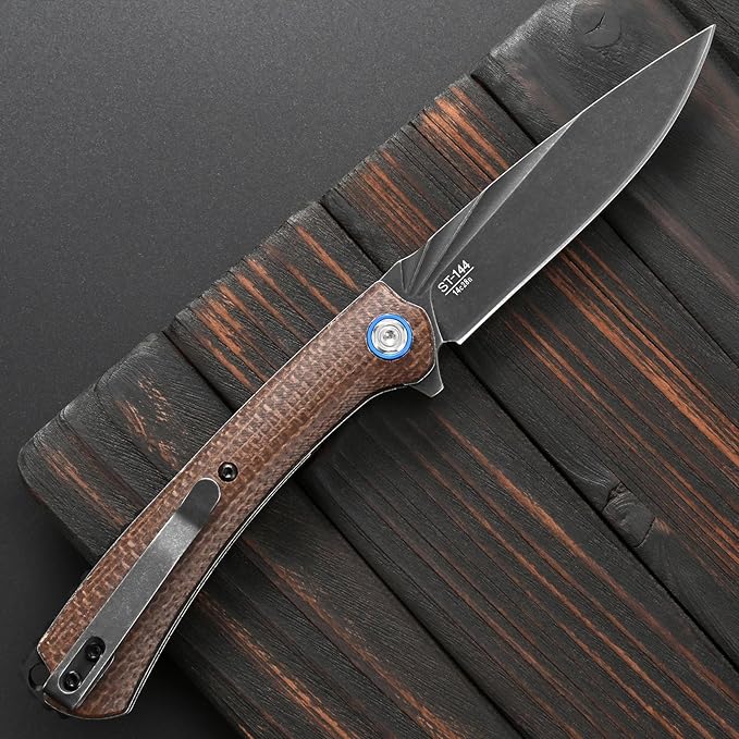 Sitivien ST144 Folding KnifeBlack Stonewashed 14C28N Steel BladeMicarta Handle Pocket Knife for Outdoor EDC CampingSurvivalHikingFishing(Brown)