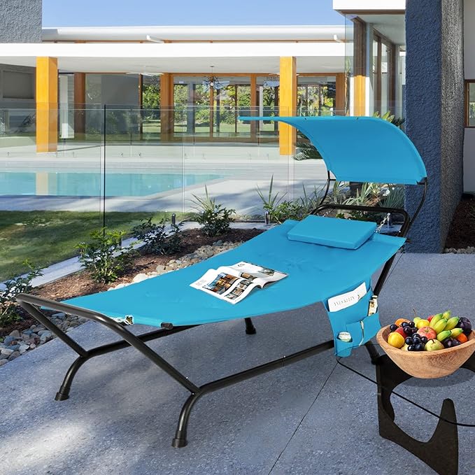 Tangkula Hammock with Stand Included Heavy Duty Outdoor Hammock with Adjustable Canopy Rustproof Metal Stand Pillow Storage Pocket Hammock Bed with Stand for Backyard Lawn Poolside (Blue)