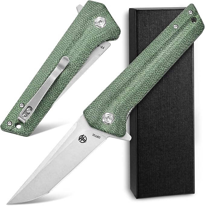 FF4 Folding Knife AUS-10 Steel Blade Micarta Handle Knife for Outdoor Camping Hunting Fishing Survival(Green)